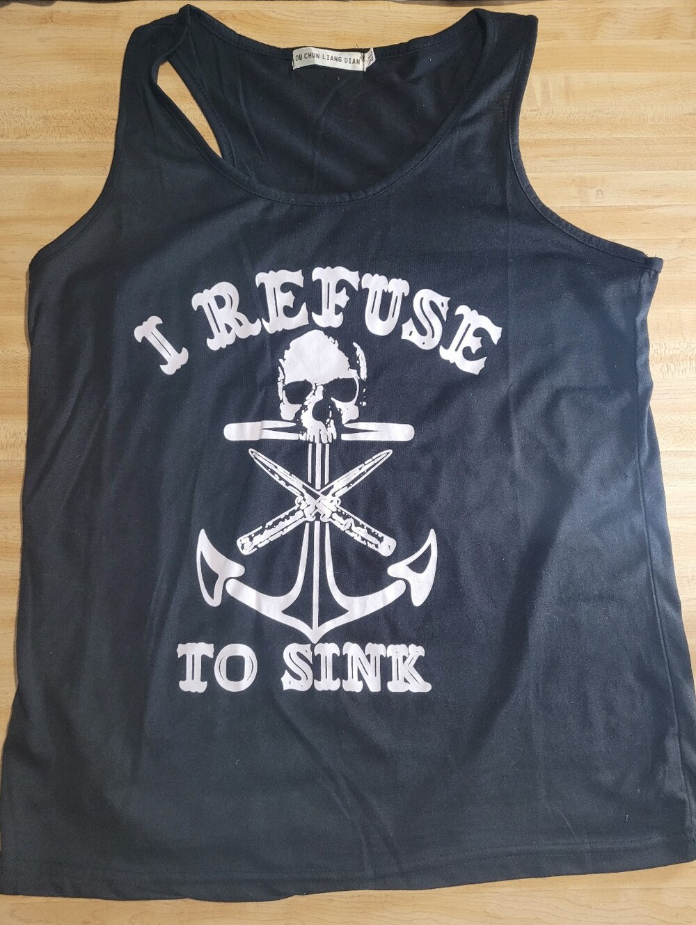 I Refuse To Sink Tank Top Skull Anchor Racerback Black Graphic Tee
